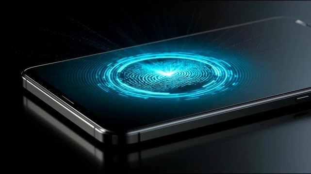Cybersecurity biometric authentication scanning a glowing cyan fingerprint on a smartphone screen