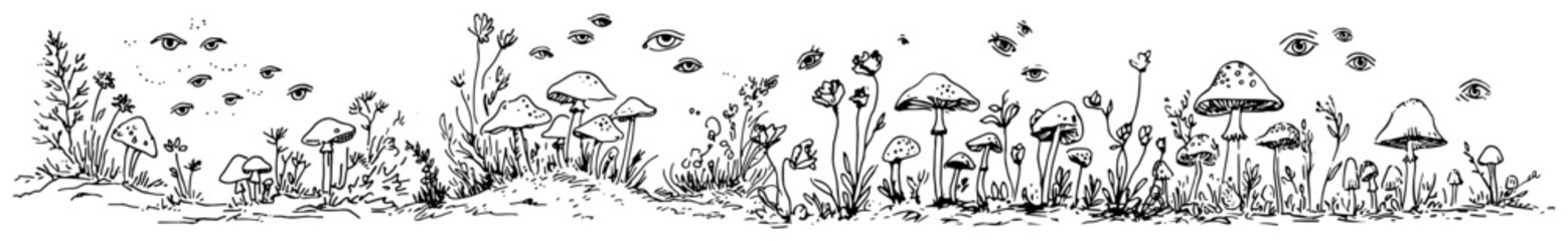 Surreal field of mushrooms and flowers with eyes in detailed engraving style © Celestynka
