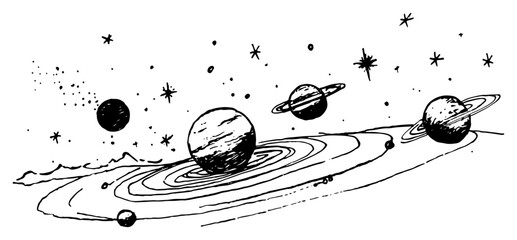 Solar system with planets and stars in orbits ink sketch style © Celestynka