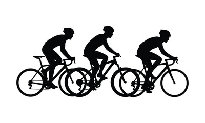 Obraz premium Silhouette of three cyclists riding bicycles in a row