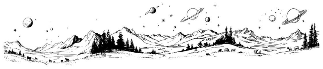 Panoramic mountain landscape under a cosmic sky with planets and stars line art style © Celestynka
