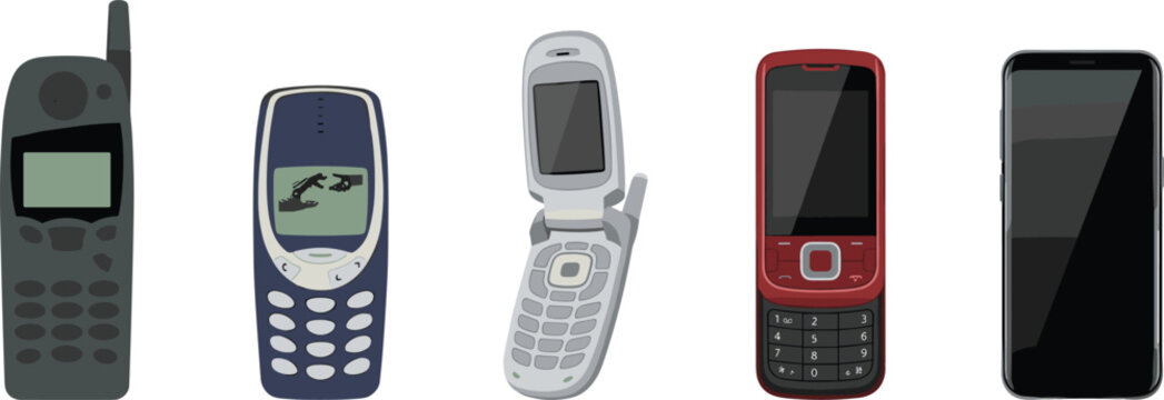 Evolution of Mobile Phones Illustration with Retro Cellphones, Flip Phones, Keypad Devices, and Modern Smartphone Technology Timeline Collection