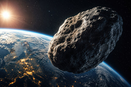 Massive asteroid passing dangerously close to Earth in outer space