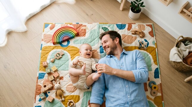 Happy Father's Day Father Playing with Baby on Play Mat Home