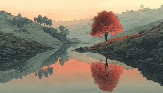 Minimalist watercolor landscape with red tree reflection by river