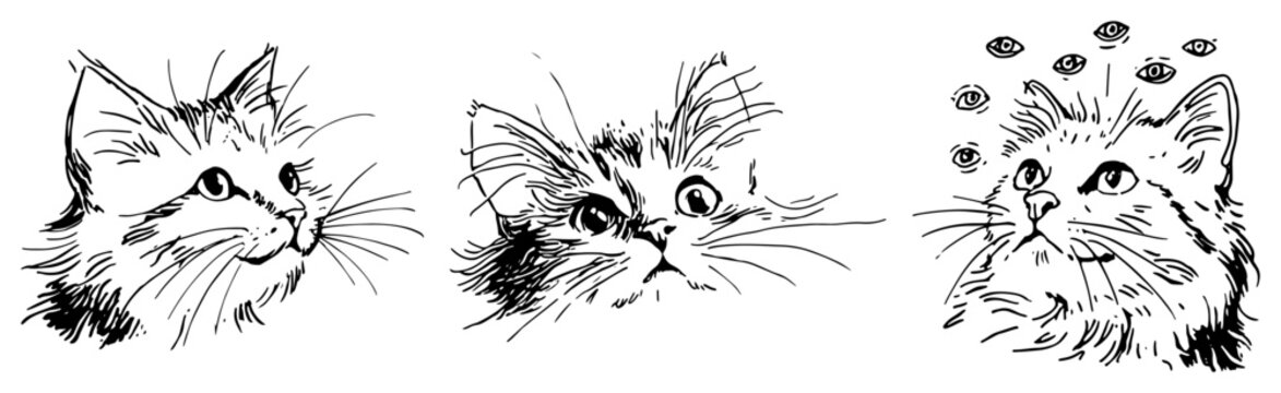 Three cat portraits with expressive faces and surreal eye halos ink sketch style