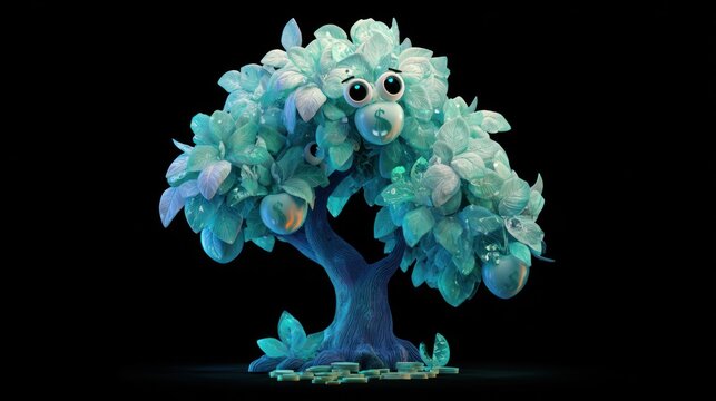 Whimsical Claymation Tree with Glowing Leaves and Faces on a Dark Background.