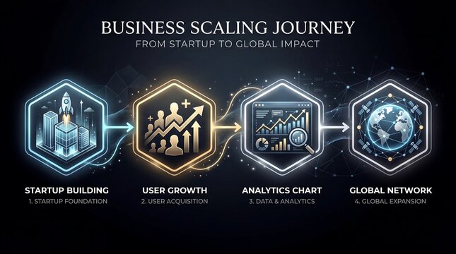 Business scaling journey from startup to global impact with infographic