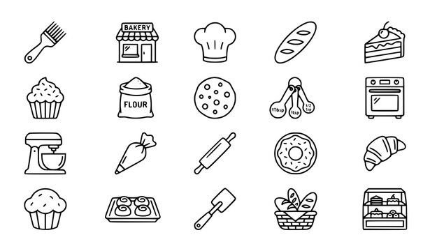 Bakery Shop Dessert and Baking Equipment Outline Vector Icon Collection