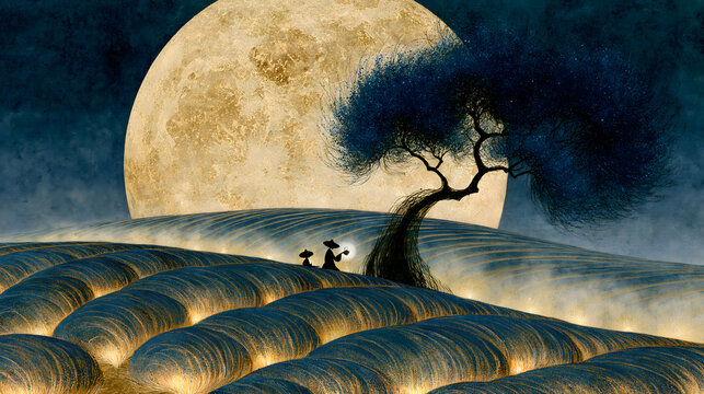 Two figures sharing tea under an ancient tree beneath an oversized glowing moon in surreal tea fields at night