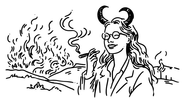 Woman with devil horns smoking cigar in front of burning landscape sketch
