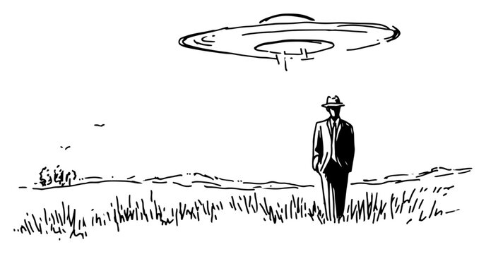 Mysterious man in suit standing in field under hovering ufo spaceship sketch