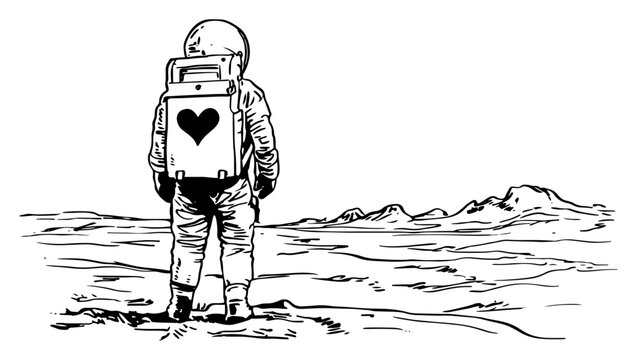 Astronaut with heart symbol on backpack exploring alien planet landscape in line art style