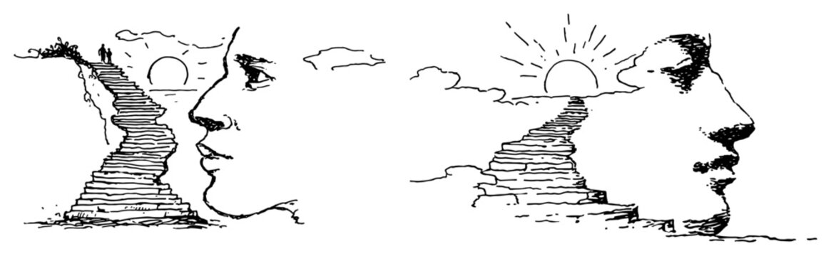 Human face profiles featuring staircases leading to a rising sun in surreal sketch style
