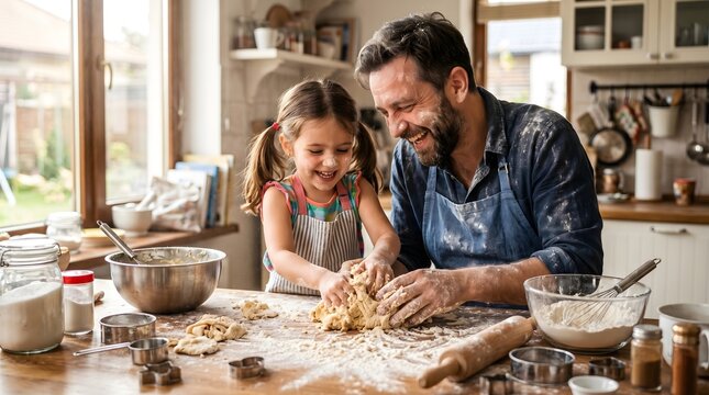 Happy Father's Day Father and Daughter Kneading Dough Kitchen Baking