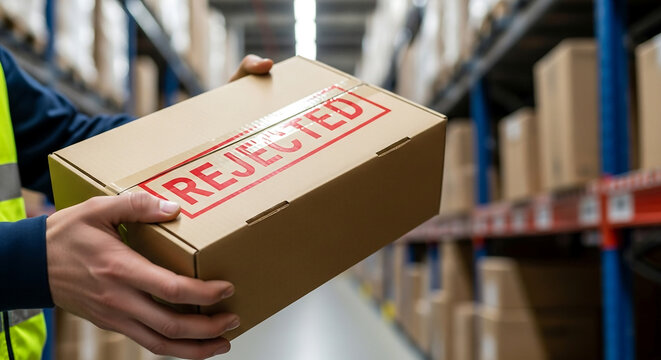 Warehouse worker holding a brown cardboard box with a red 'REJECTED' stamp, indicating a returned or unacceptable item.