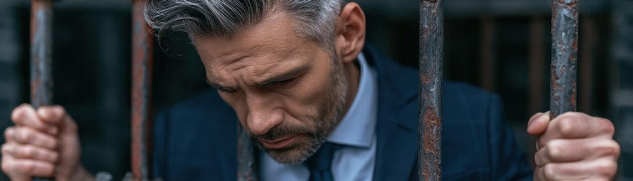 sad middle aged man in  suit holding rusted iron bars looking down with  remorseful expression