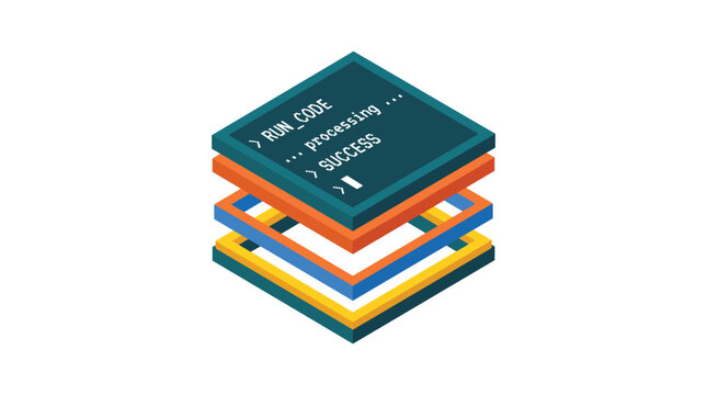 3d coding terminal icon with layers of colorful digital interfaces and a success message display modern technology concept for software development and programming