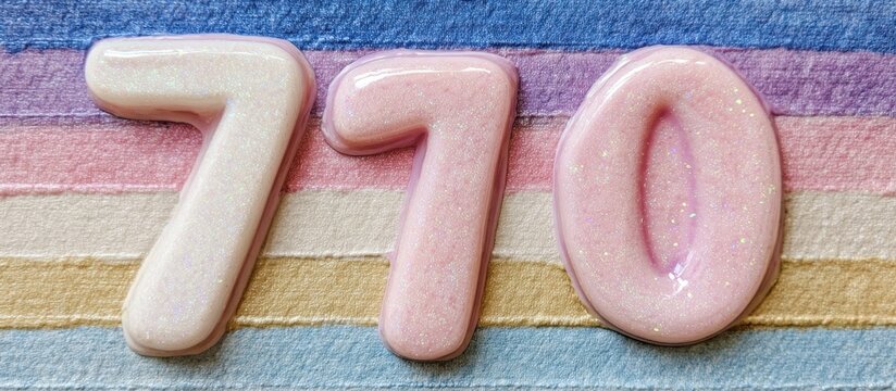 The number 770 made of pink candy on a colorful striped background.