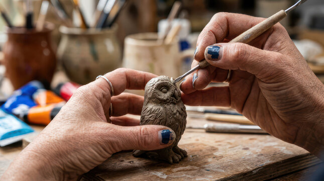Artisan Hands Sculpting Clay Owl Figurine with Detailing Tool.