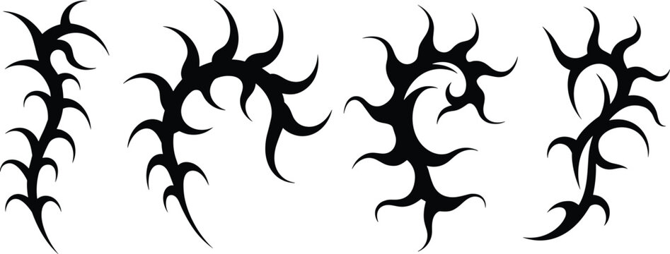 Tribal tattoo designs, sharp abstract shapes, curved flame patterns, decorative tribal elements, edgy vector art set, bold ornamental silhouettes
