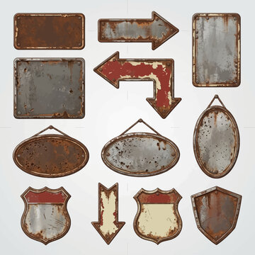Create a high-quality vector image of various rusty metal signs and labels with arrows and shields on a clean background for design use.