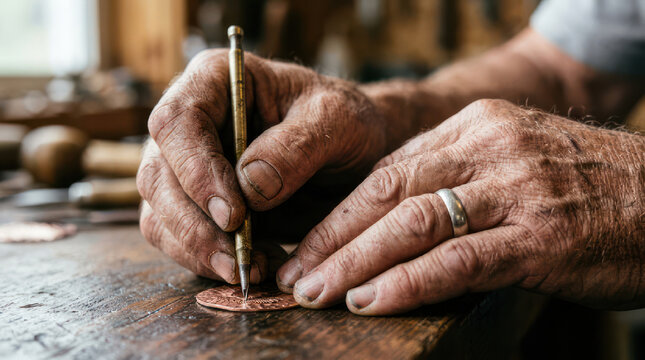 Closeup of artisan hands working on a metal craft.