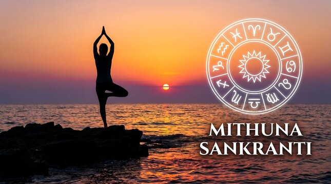 Mithuna Sankranti Yoga Pose at Sunset with Zodiac Wheel, Spiritual Gemini Solstice