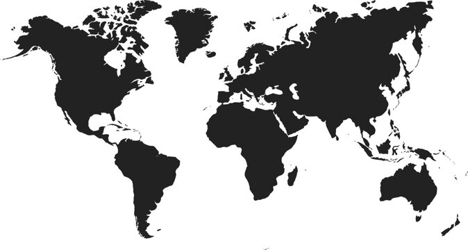 World map silhouette, global continents outline, black vector earth illustration, international geography design, worldwide countries projection for graphic use