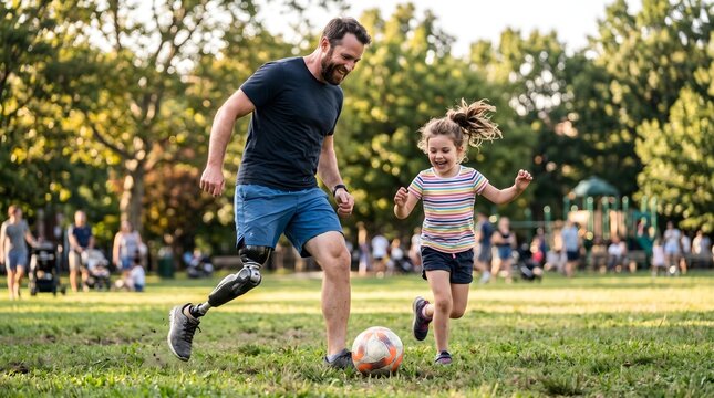 Happy Father's Day Father with Prosthetic Leg Playing Soccer with Daughter