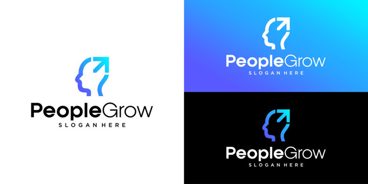 People Grow Logo Template: Human Head Profile Combined with Arrow Up Symbol for HR Consulting, Personal Development, or Career Coaching