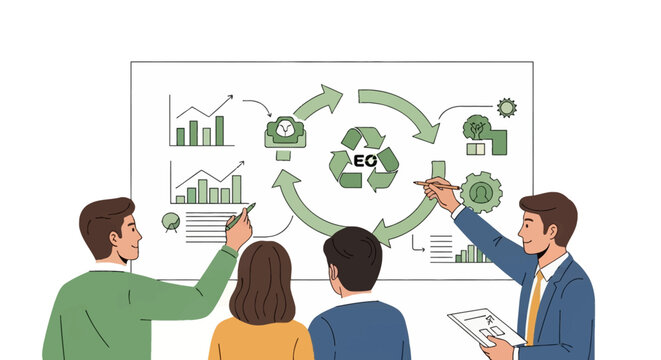 Corporate team analyzing green business strategy on a whiteboard featuring recycling symbols, financial growth charts, and environmental icons for sustainable development goals.