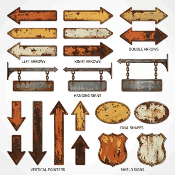 Create a cleanly organized vector collection of rustic metal signs and arrows for design projects with various shapes.