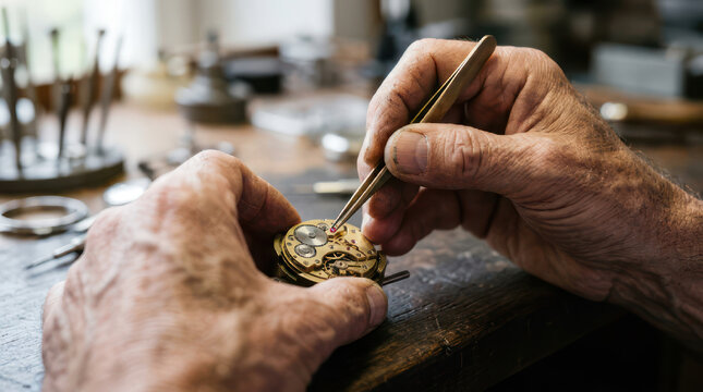 Closeup of jewelers hands setting stones in jewelry with precision tools.