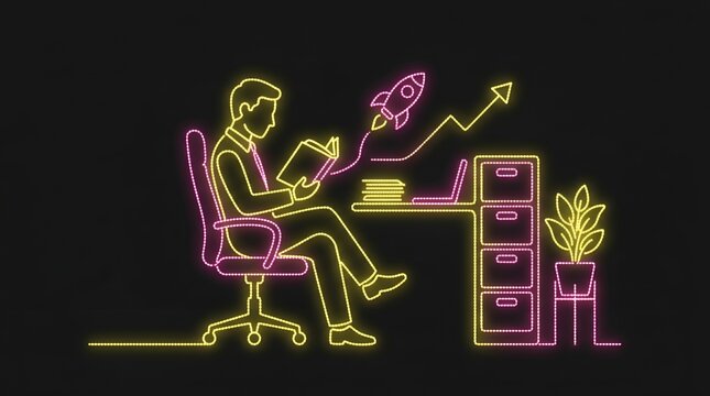 Entrepreneur reading book with rocket launching from desk