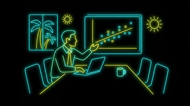 Analyst reviewing scatter plot data in tropical office setting
