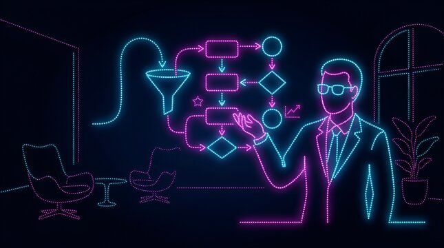 Professional explaining a complex process flowchart and funnel