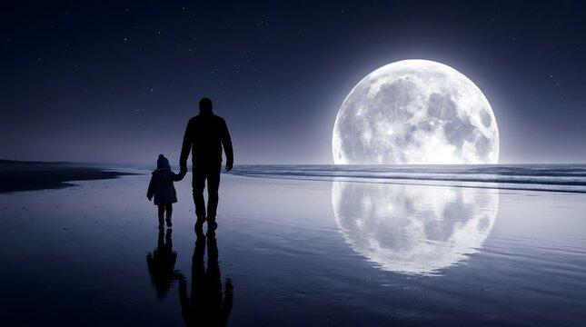 Happy Father's Day Father and Child Walking on Beach at Night with Moon