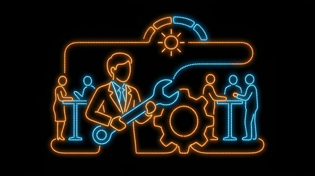 Business professional holding wrench near gear and networking people