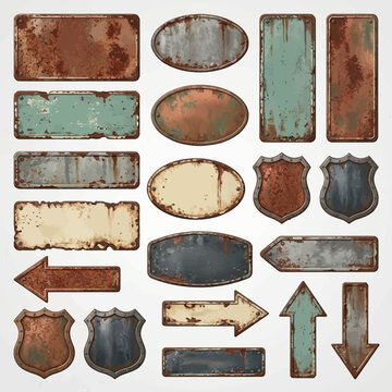 Create a detailed vintage rusty metal sign template collection for design projects with various shapes.