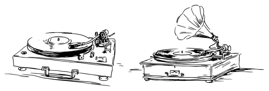 Vintage gramophone and vinyl record player for music listening in hand drawn sketch style
