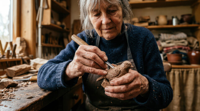Focused Senior Woman Carving Wood with Chisel in Workshop.