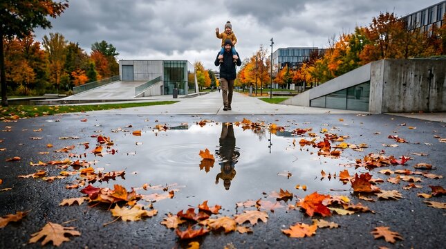 Happy Father's Day Father Carrying Son on Shoulders Autumn Park Puddle