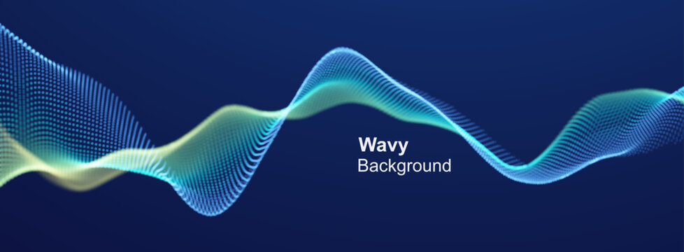 Smooth curves of a wave of connected dots. Flowing particle flow. Abstract digital background. 3D grid. Technological style. Big data. Dynamic pulsation. Vector for poster, cover, presentation, etc.