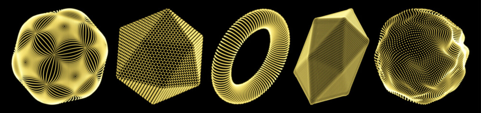 Crystal, sphere and torus consisting of small particles. Objects with dots. Molecular grid. Golden neon glow. Сonnection structure. 3d vector illustration for brochure, poster, cover, presentation.