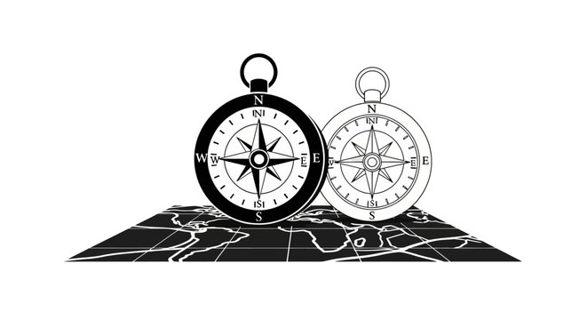 Two compasses on a map black and white silhouette