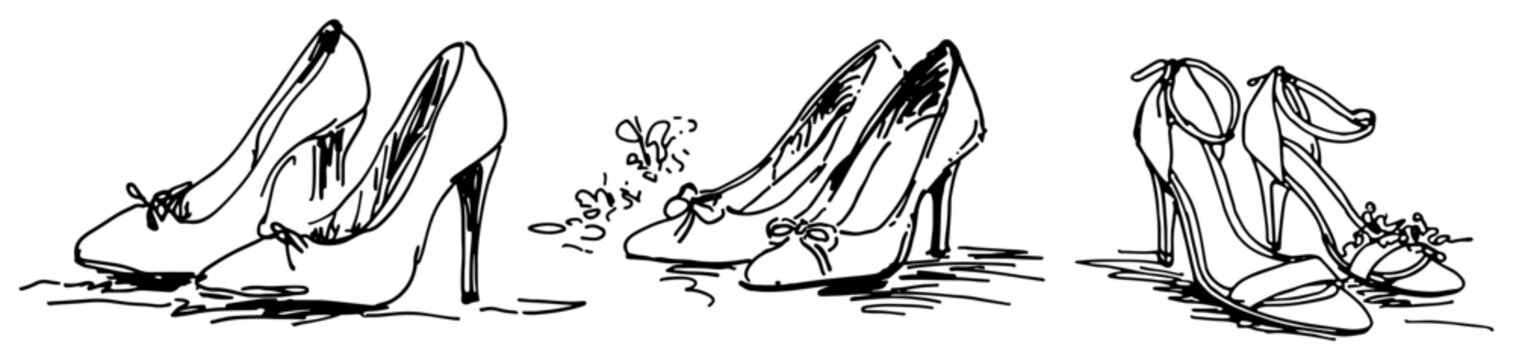 Collection of elegant high heel women shoes hand drawn sketch style