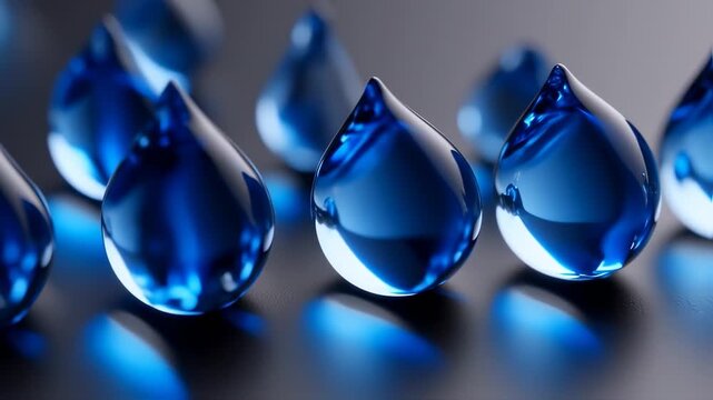 Close-up of glossy, blue water droplets reflecting light, set against a dark, blurred background
