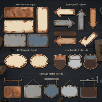 Commercial vector template pack featuring various weathered metal signs, vintage directional arrows, and decorative shield designs