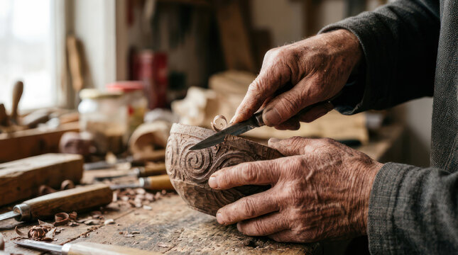 Hands of a Wood Carver Crafting an Intricate Design.